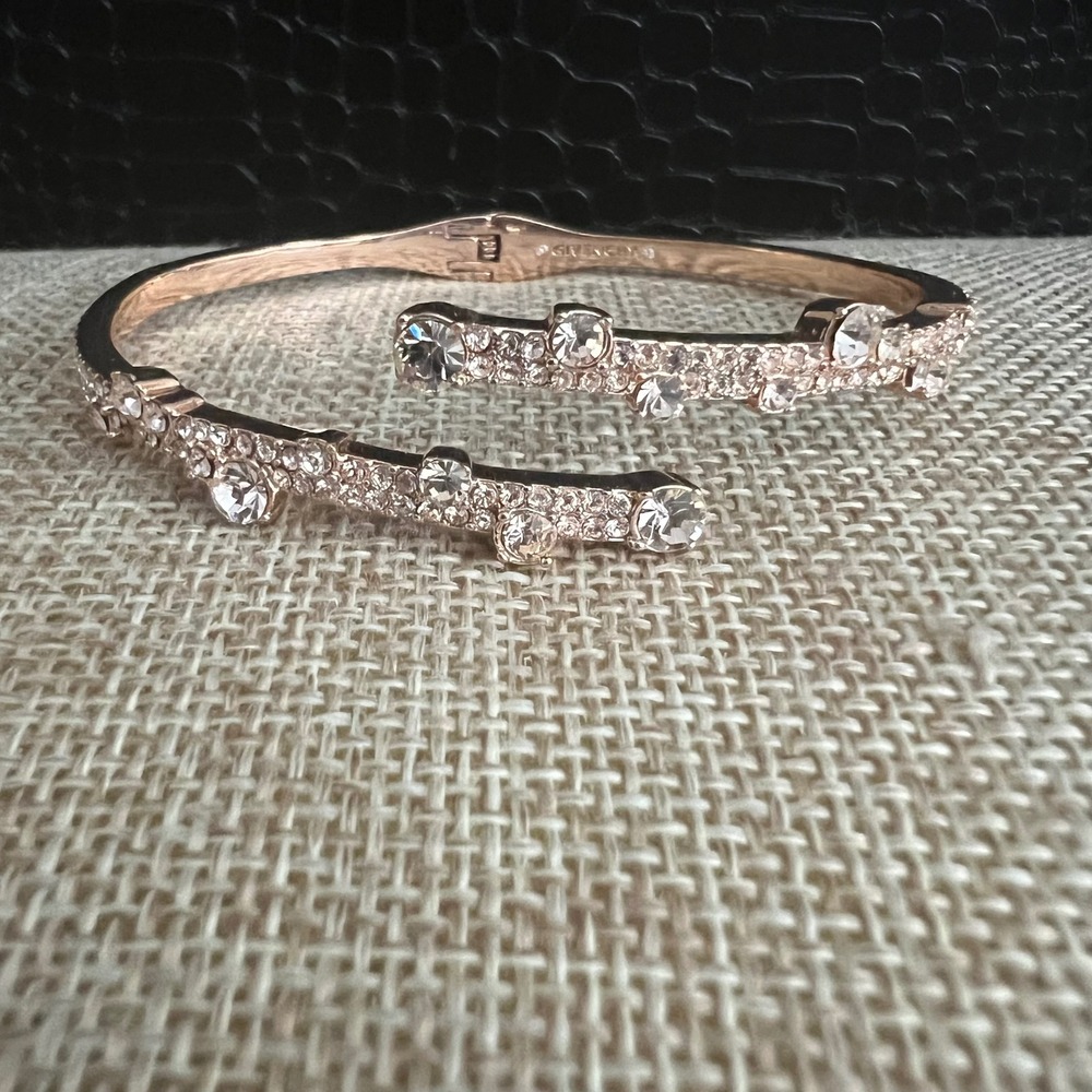 Givenchy Rose Gold Tone Crystal Bypass Hinged Bangle Bracelet 7 Inch Glam
